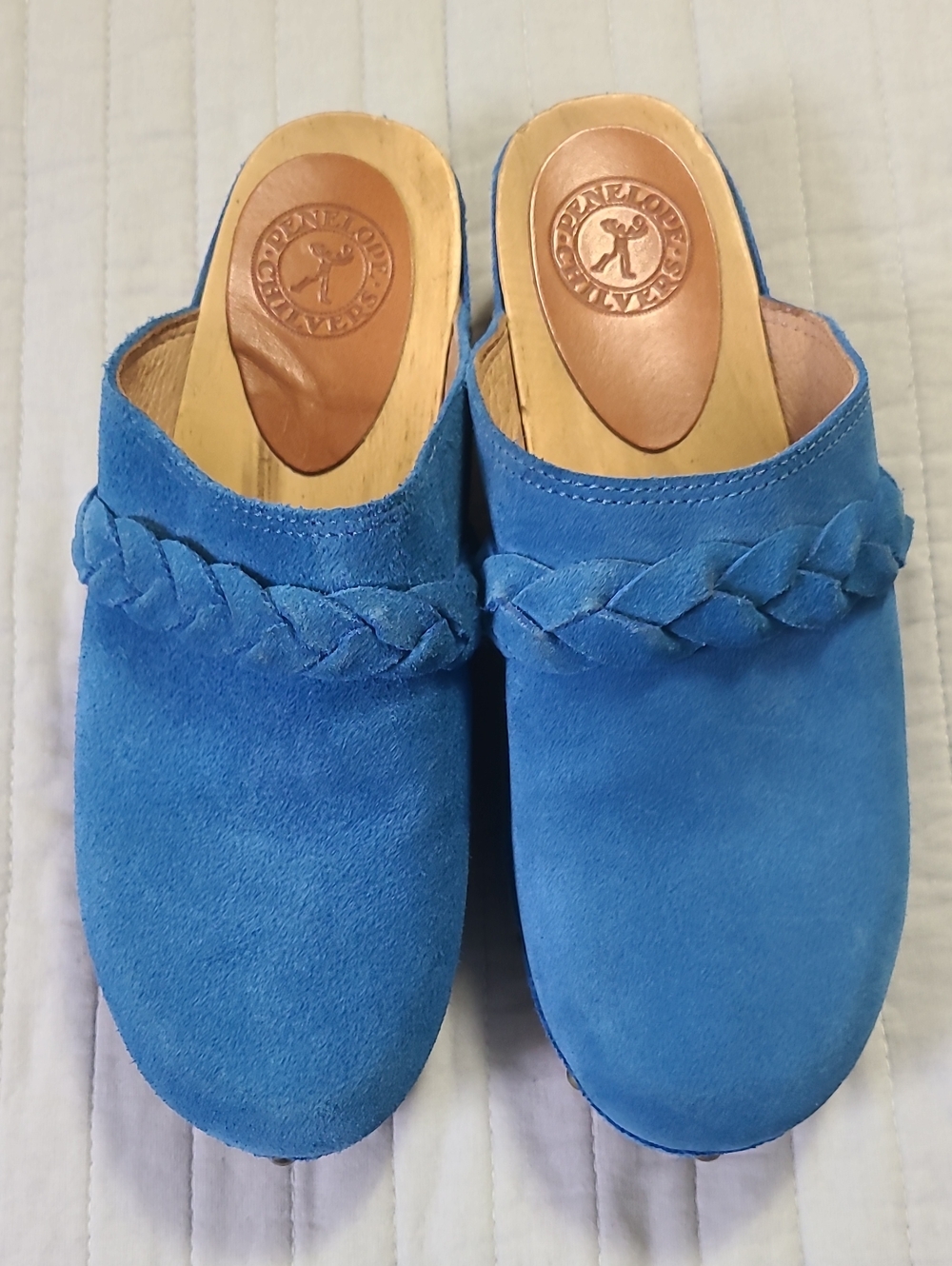 Penelope Chilvers Anthropologie Women's Stylish Leather Wood Blue Clogs Sz 8.5